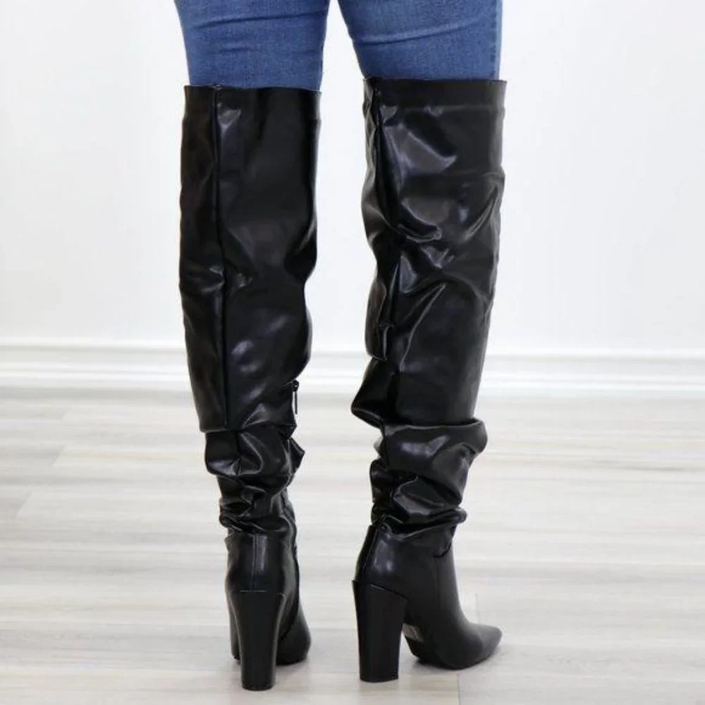 Black Synthetic Leather Thigh High Trendy Boots - Picture 10 of 15